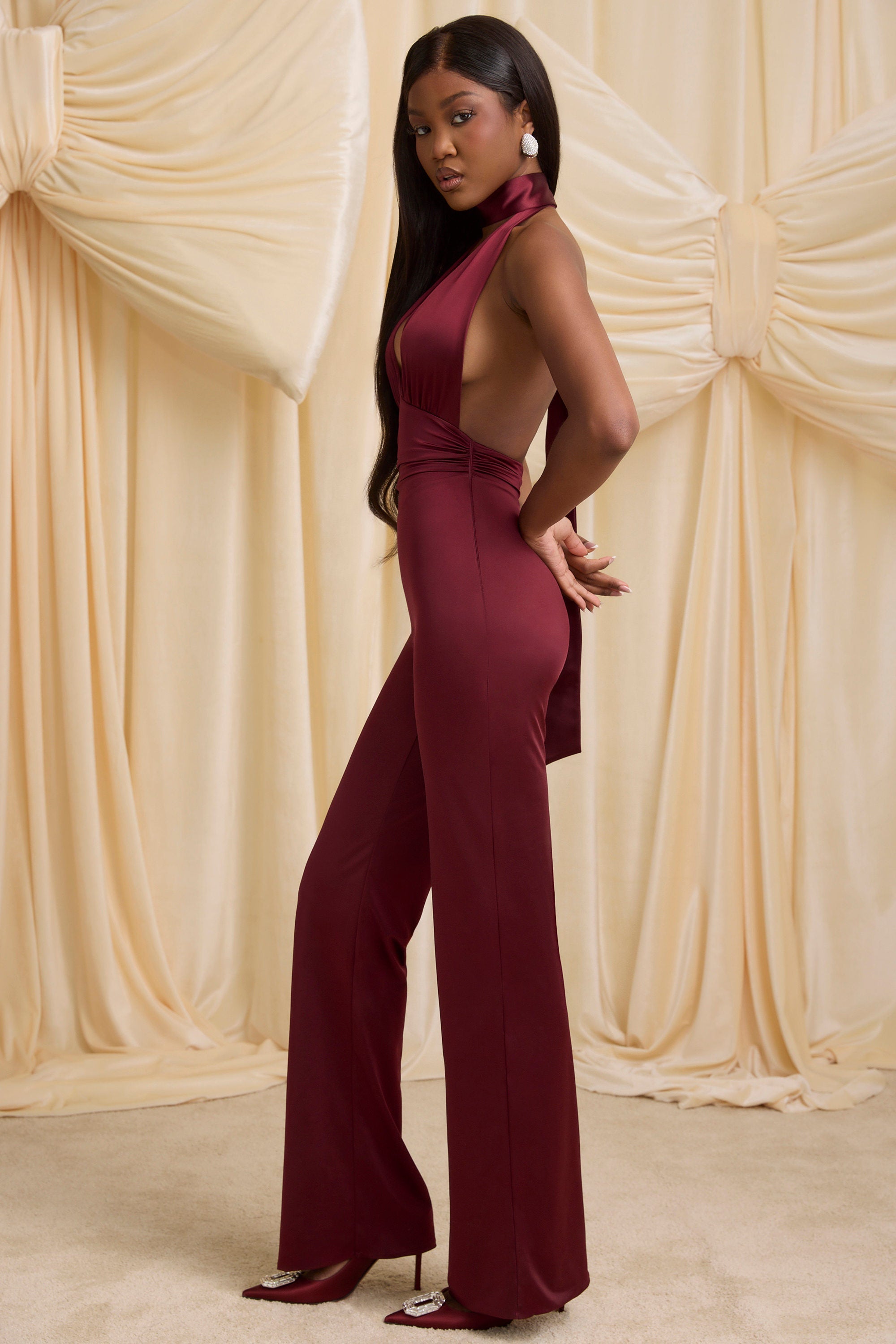 Vivianne Scarf Detail Halterneck Jumpsuit in Wine Red Oh Polly