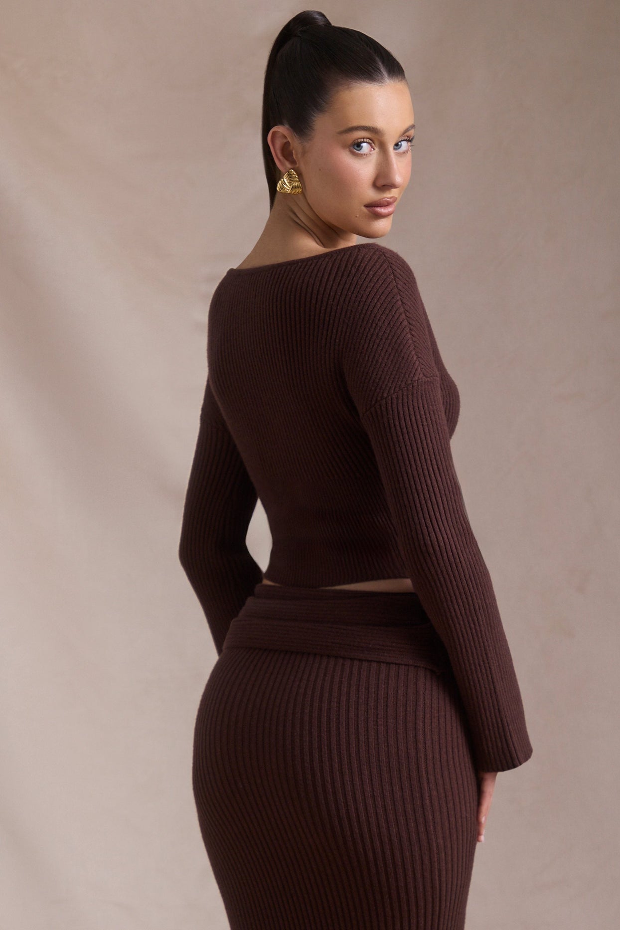 Ribbed-Knit Slash-Neck Top in Espresso