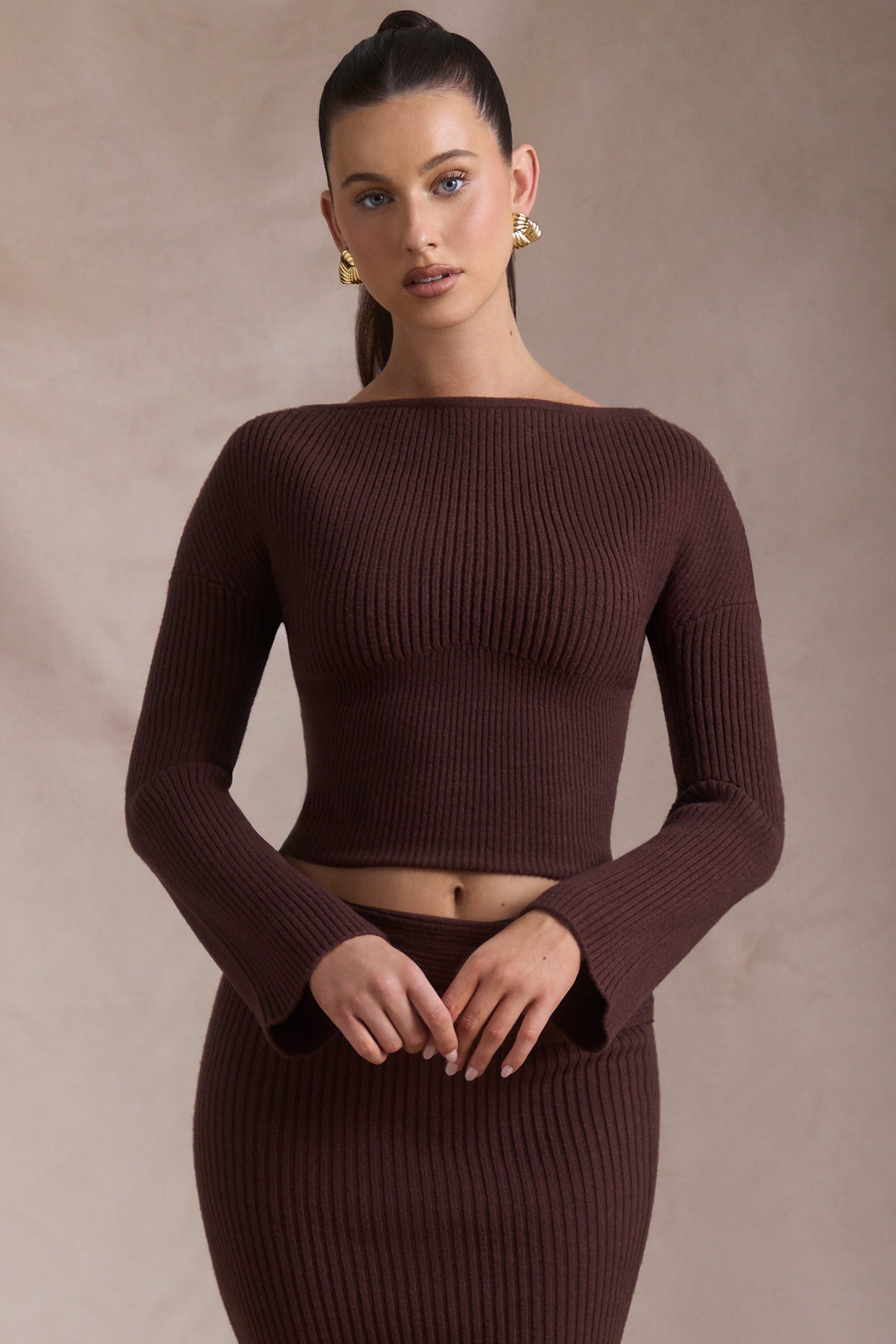 Ribbed-Knit Slash-Neck Top in Espresso