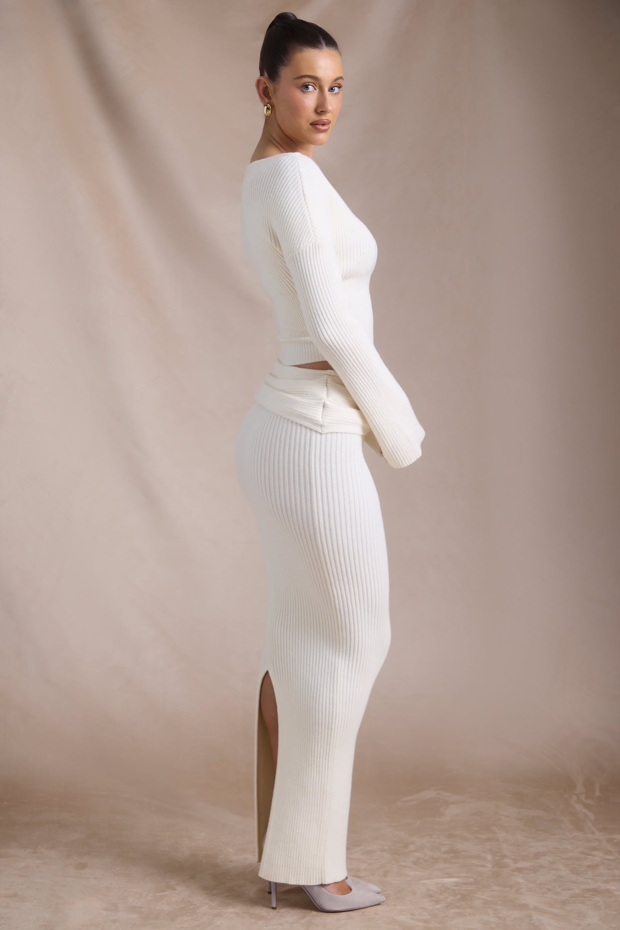 Ribbed-Knit Slash-Neck Top in Ivory