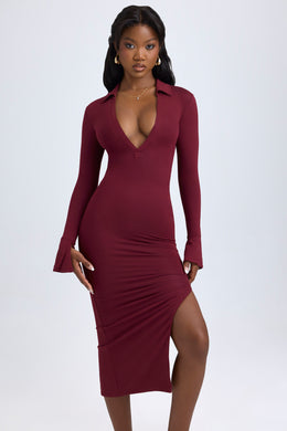 Modal Plunge V-Neck Midaxi Dress in Wine Red