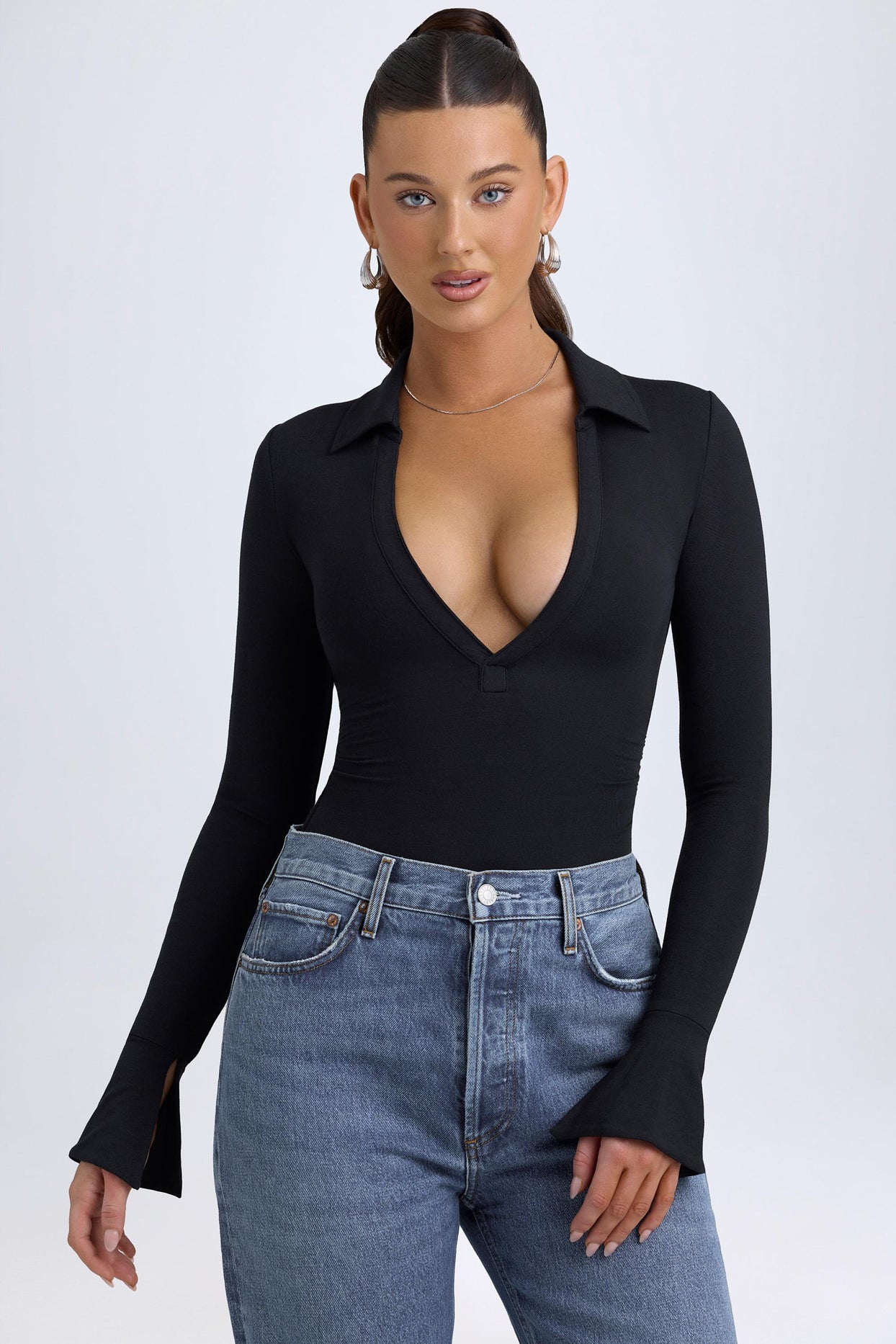 Modal Plunge V-Neck Bodysuit in Black