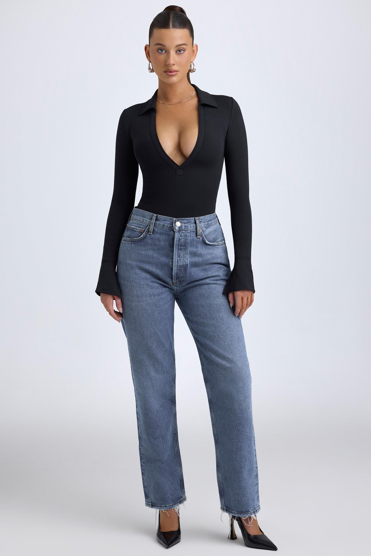 Modal Plunge V-Neck Bodysuit in Black