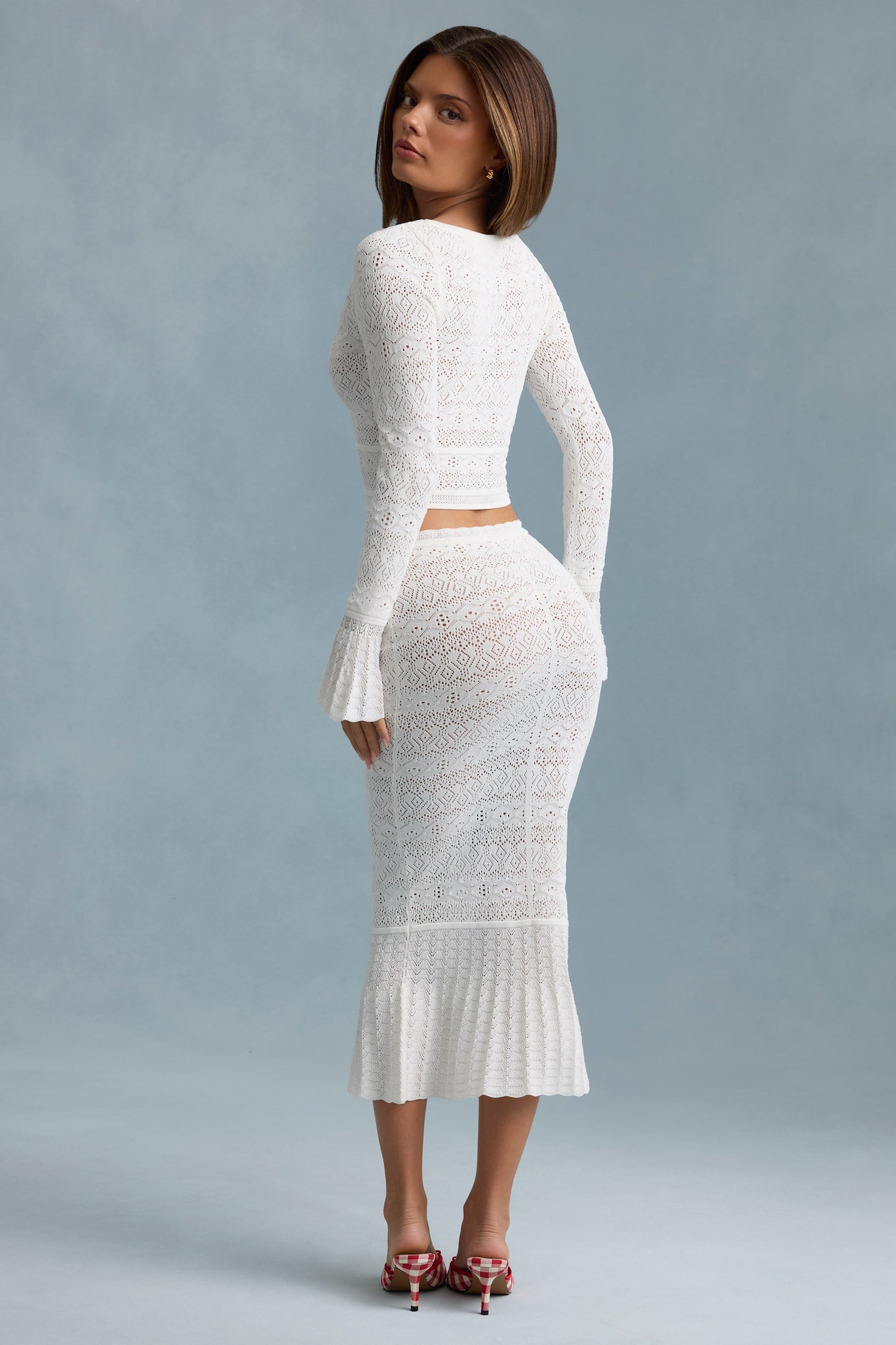 Ruffle-Trim Pointelle-Knit Midaxi Skirt in White - 2