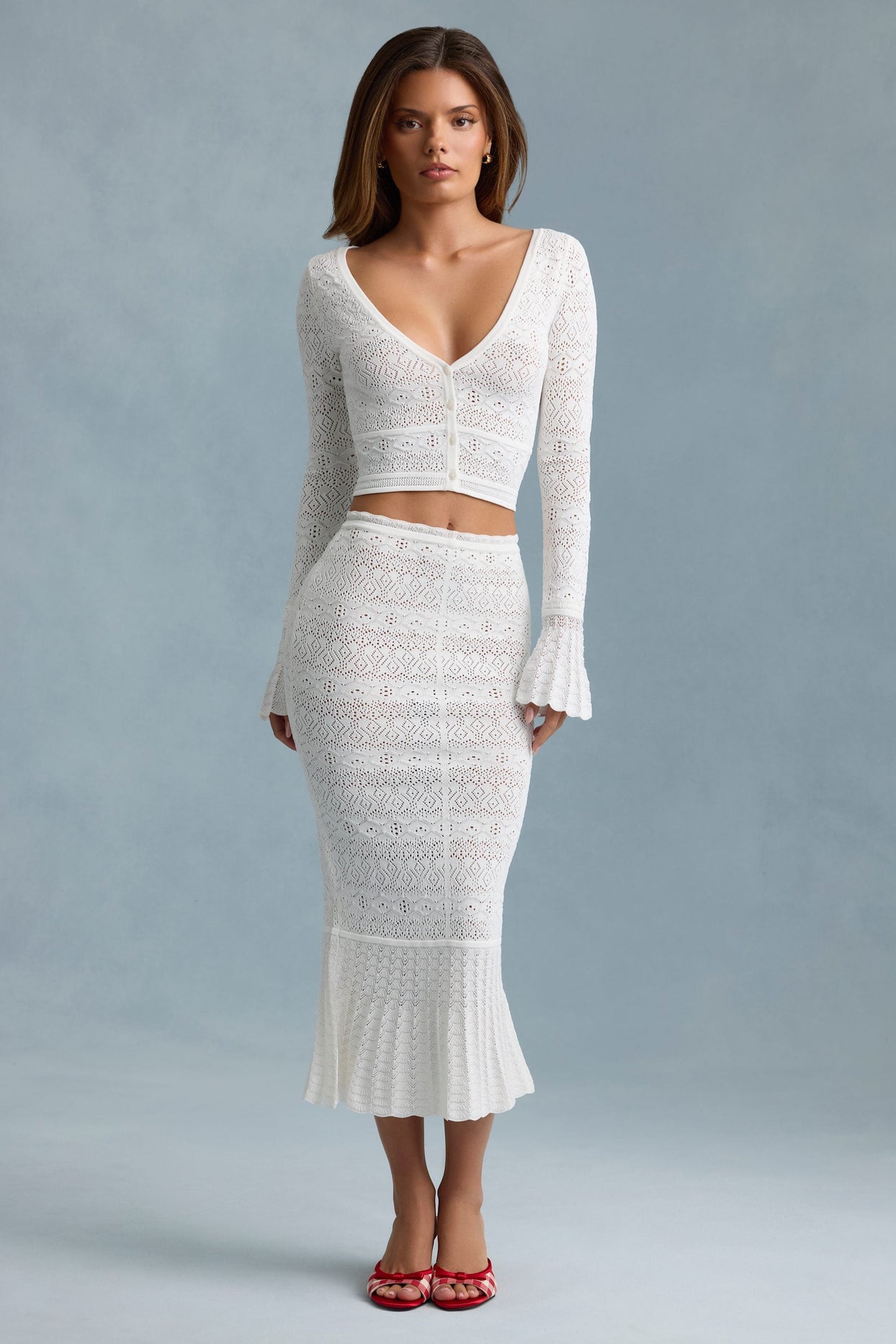 Ruffle-Trim Pointelle-Knit Midaxi Skirt in White