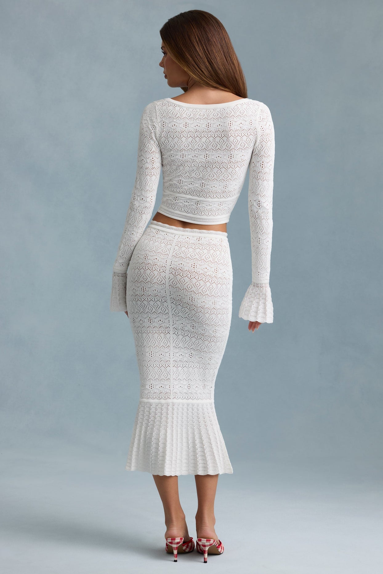 Ruffle-Trim Pointelle-Knit Midaxi Skirt in White