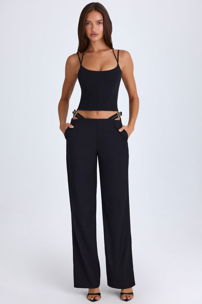 Belted Cut-Out Wide-Leg Trousers in Black