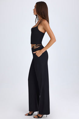 Belted Cut-Out Wide-Leg Trousers in Black