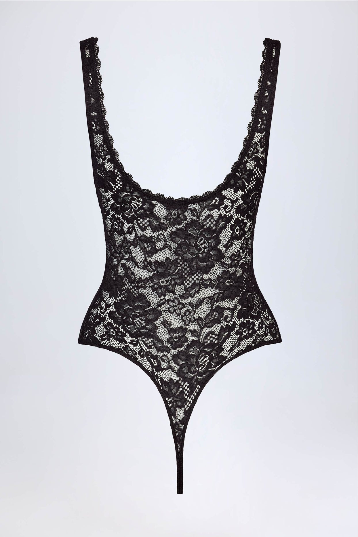 Plunge-Neck Lace Bodysuit in Black