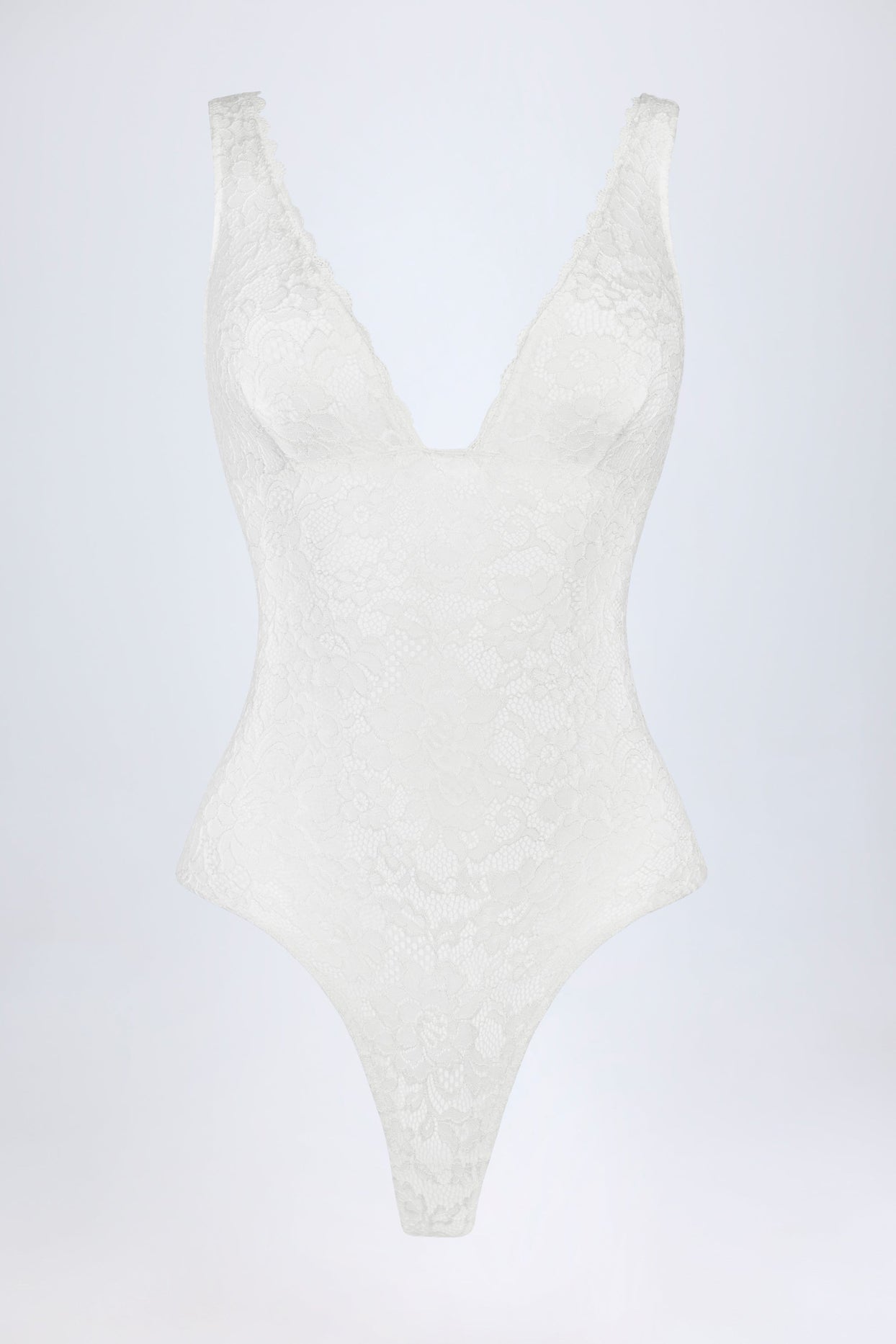 Plunge-Neck Lace Bodysuit in White