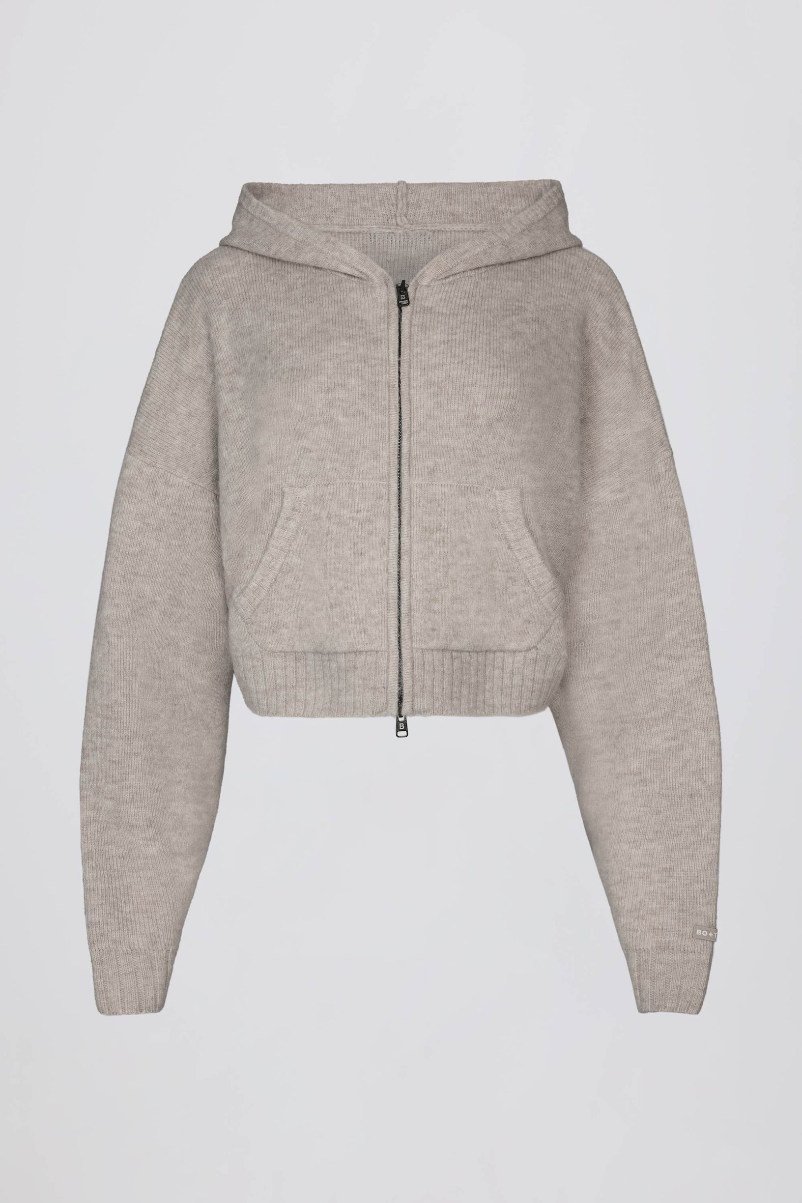 Soft Knit Zip-Up Cropped Hoodie in Beige - 1
