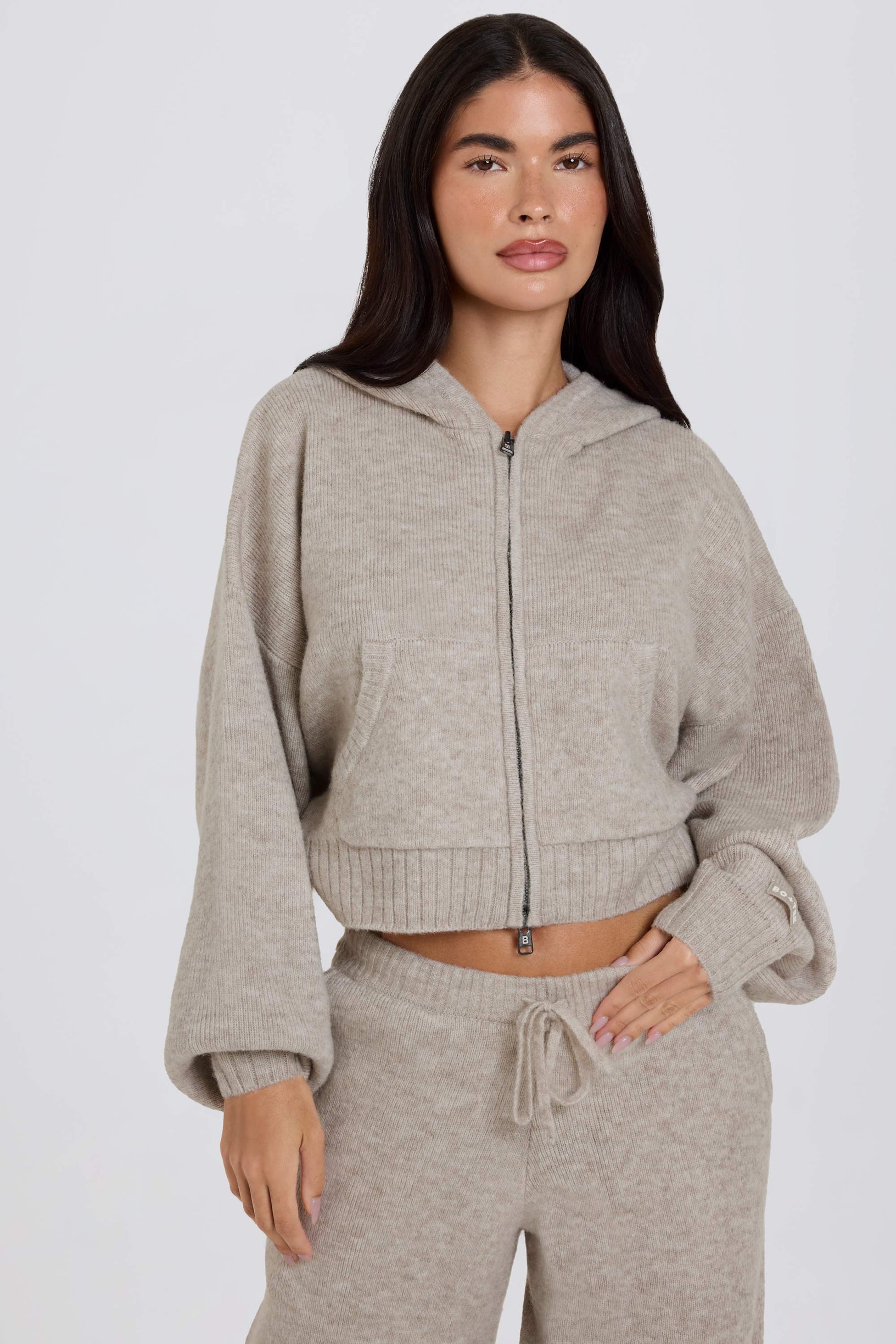 Soft Knit Zip-Up Cropped Hoodie in Beige - 2