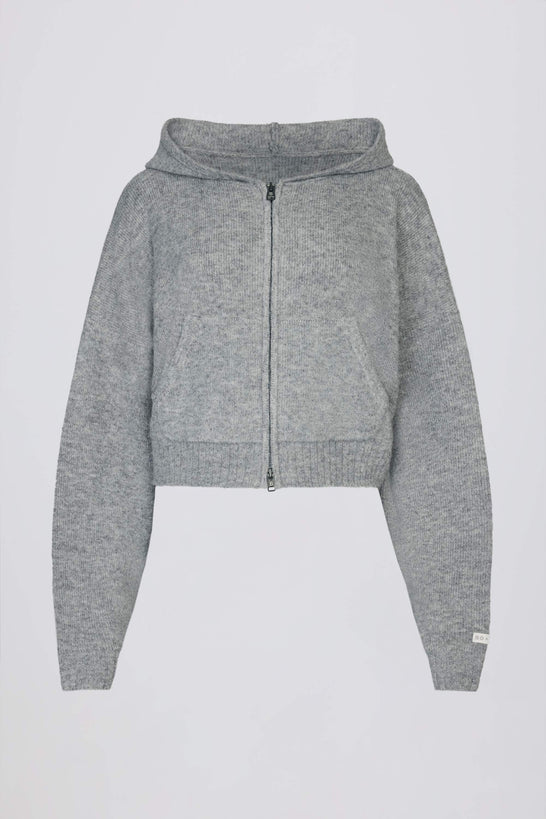 Zip-Up Cropped Knit Hoodie in Grey