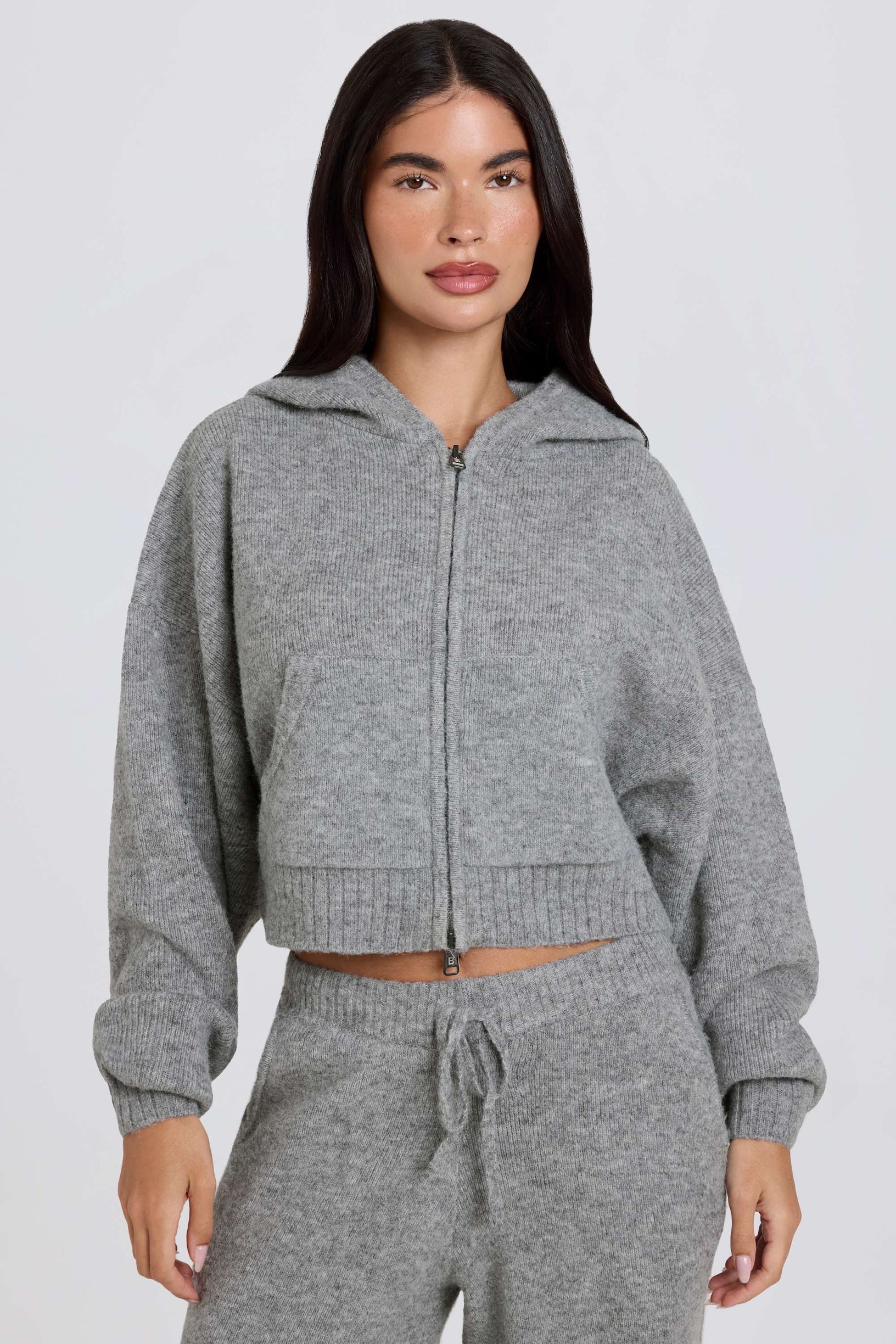 Soft Knit Zip-Up Cropped Hoodie in Grey - 2