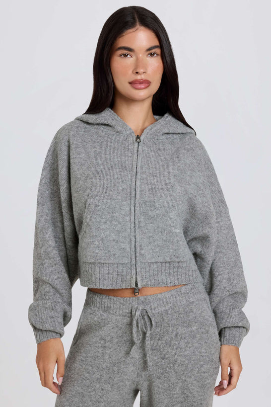 Zip-Up Cropped Knit Hoodie in Grey
