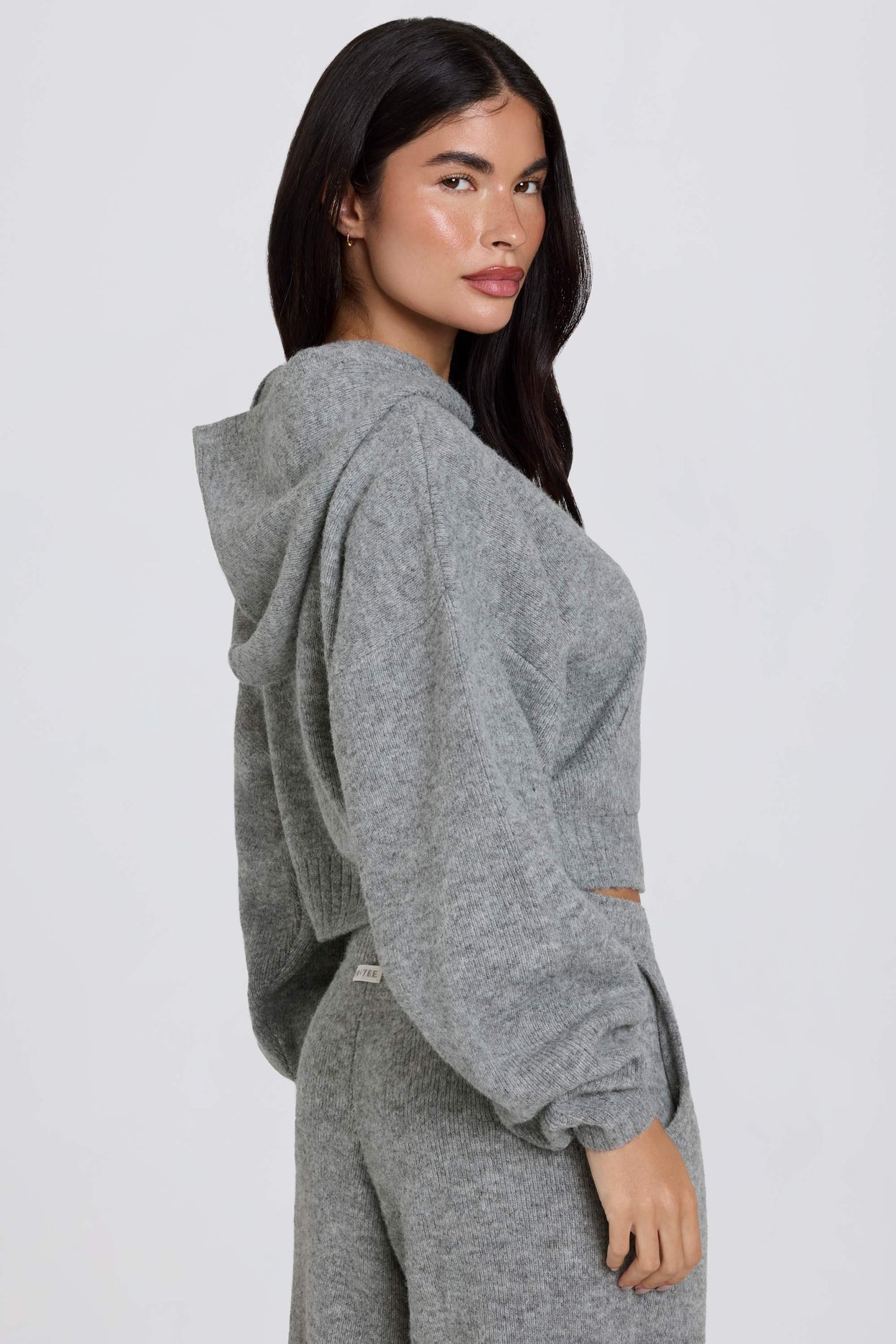 Zip-Up Cropped Knit Hoodie in Grey