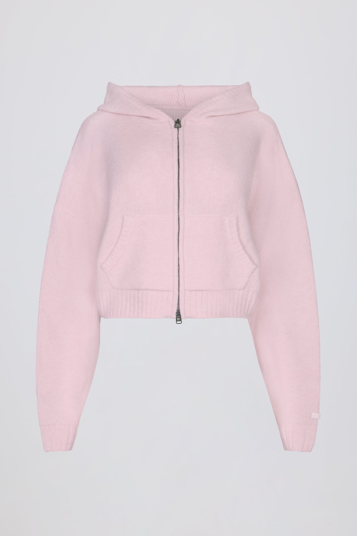 Zip-Up Cropped Knit Hoodie in Soft Pink
