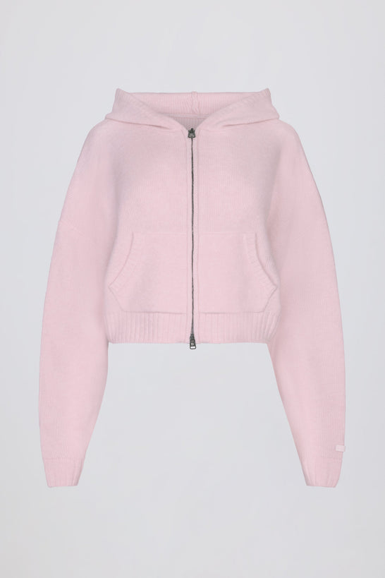 Zip-Up Cropped Knit Hoodie in Soft Pink