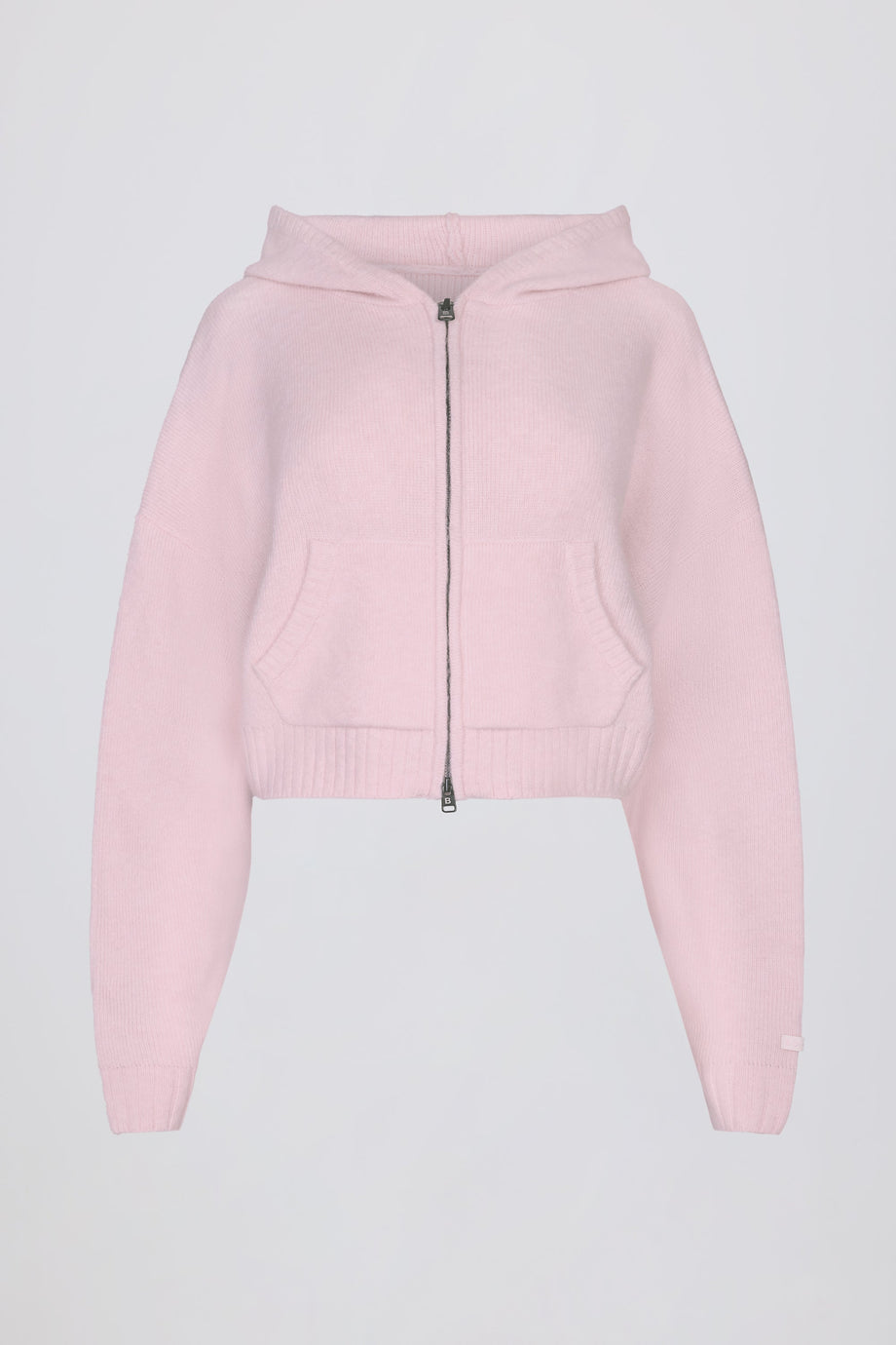 Zip-Up Cropped Knit Hoodie in Soft Pink