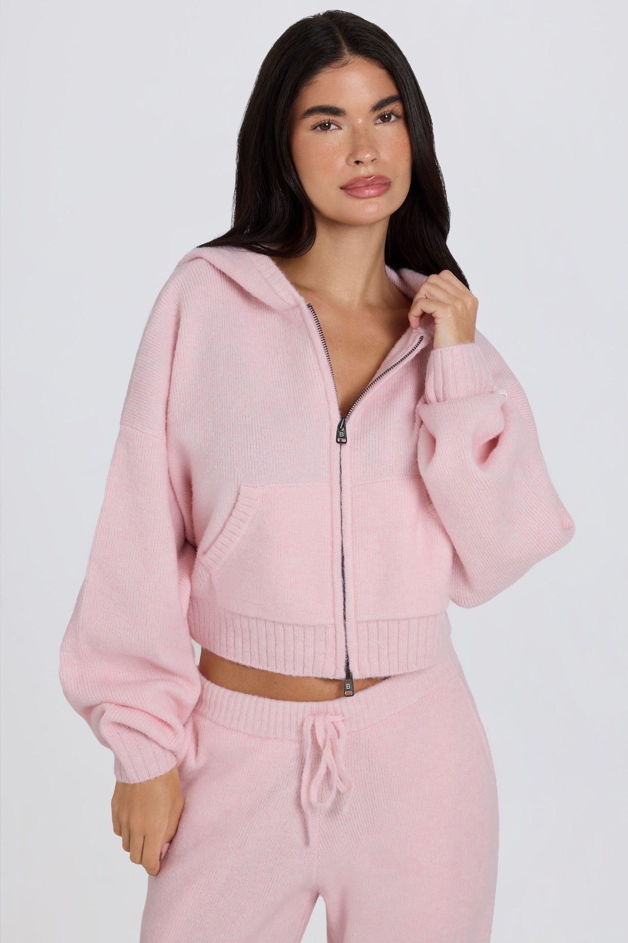 Zip-Up Cropped Knit Hoodie in Soft Pink