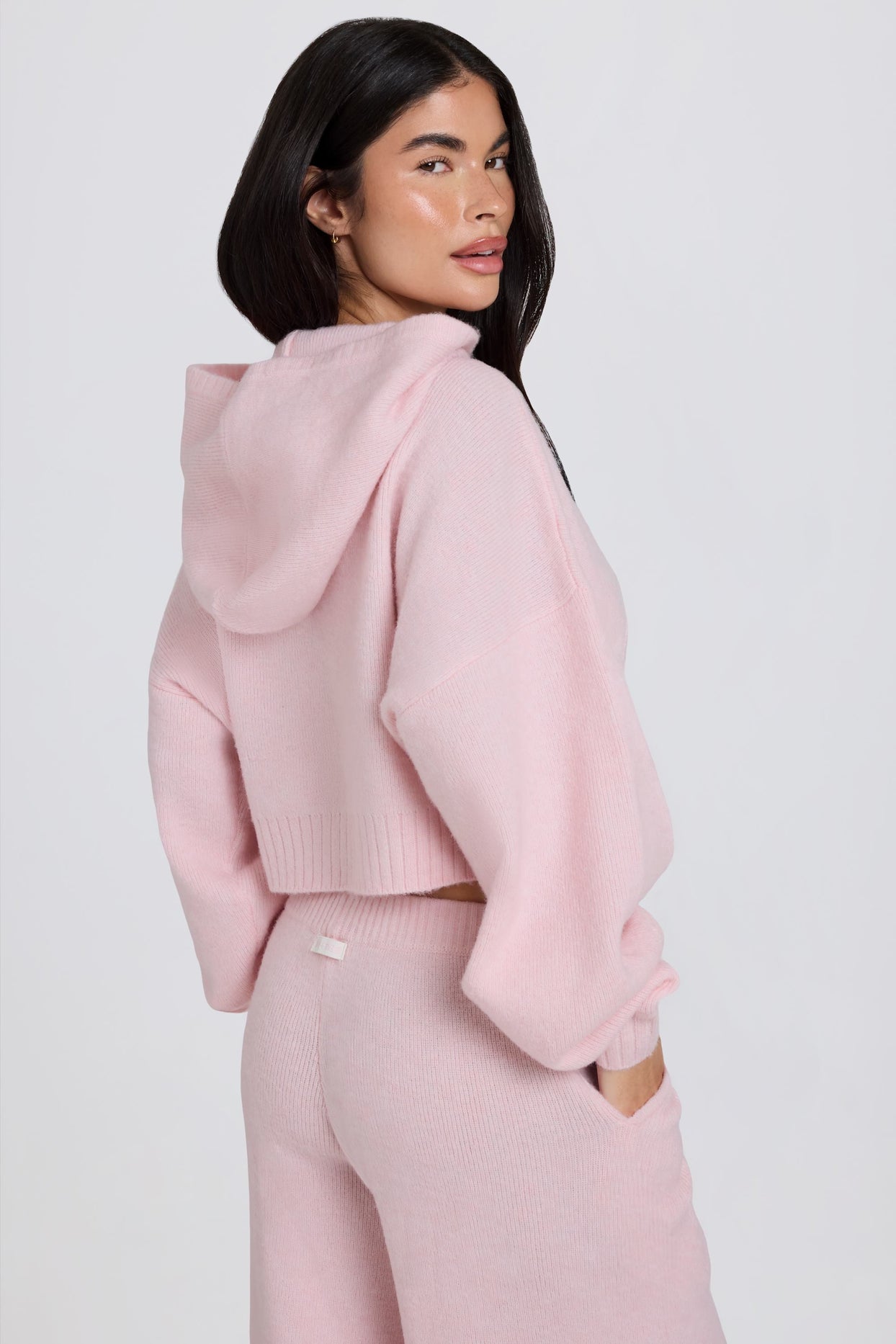 Zip-Up Cropped Knit Hoodie in Soft Pink