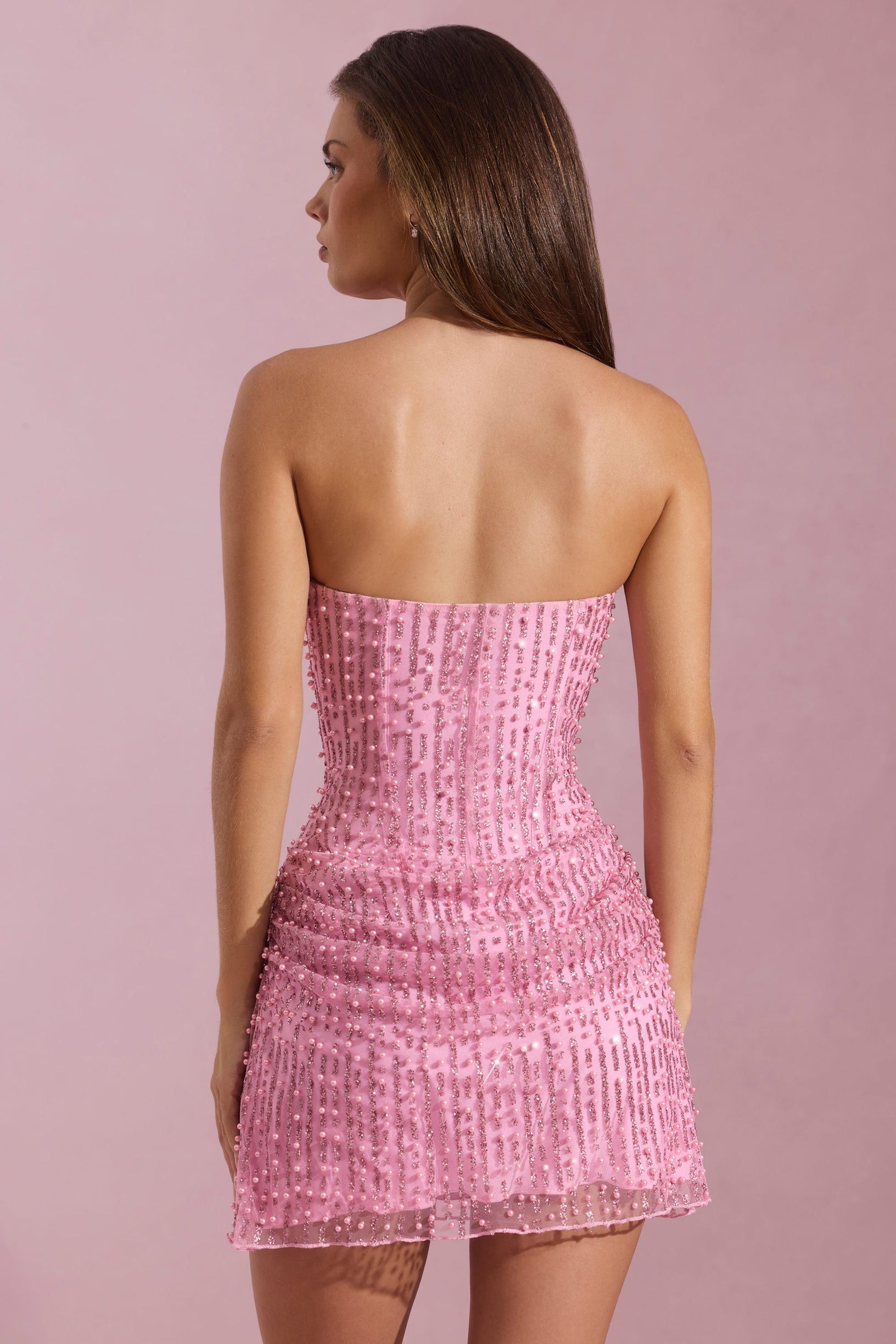 Embellished Draped Strapless A-Line Mini Dress in Pink - 2