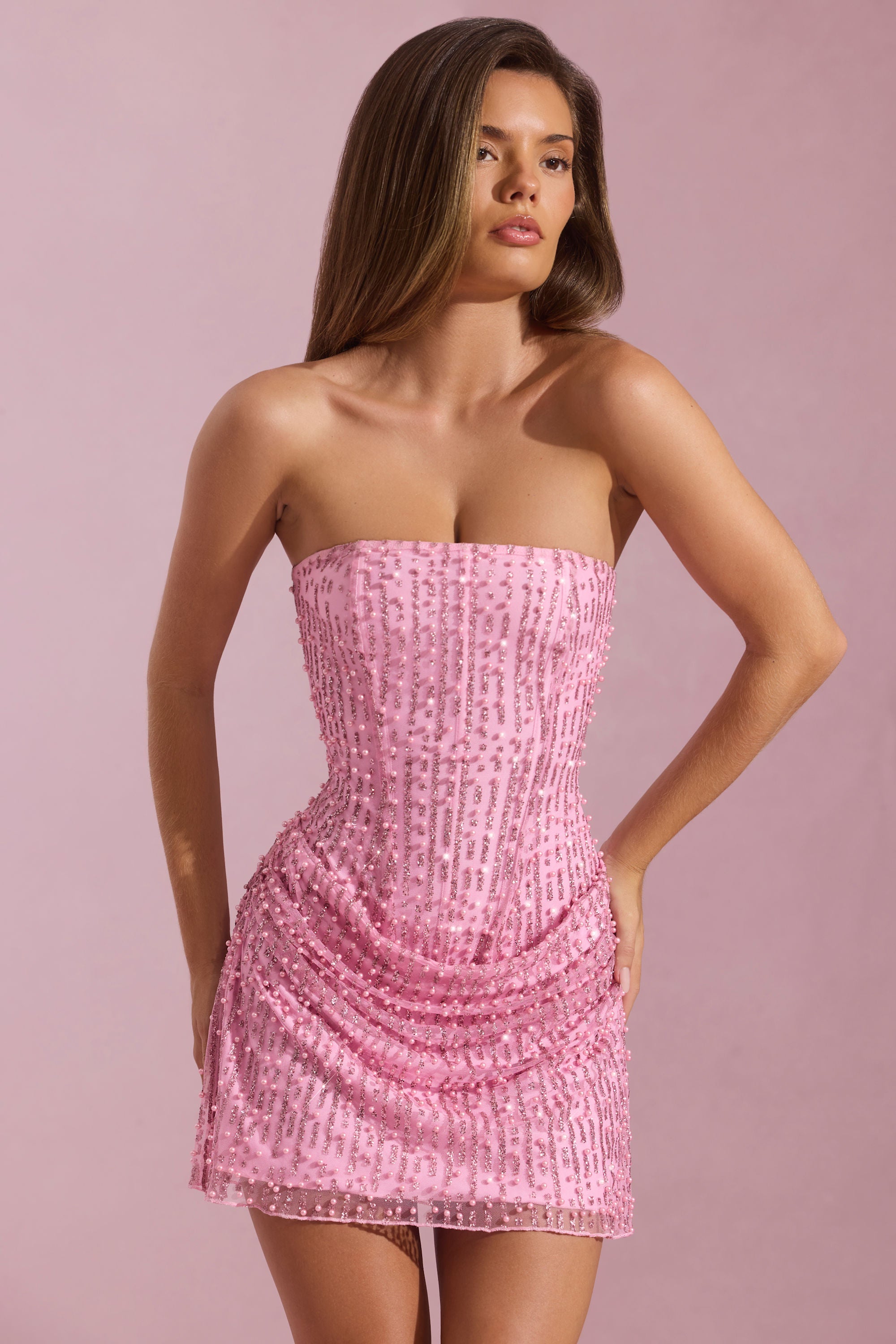 Ziya Embellished Draped Strapless A-Line Mini Dress in Pink | Oh
