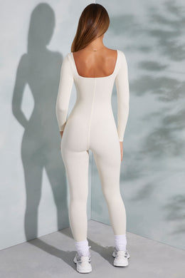 Tall Square Neck Long Sleeve Jumpsuit in Ivory