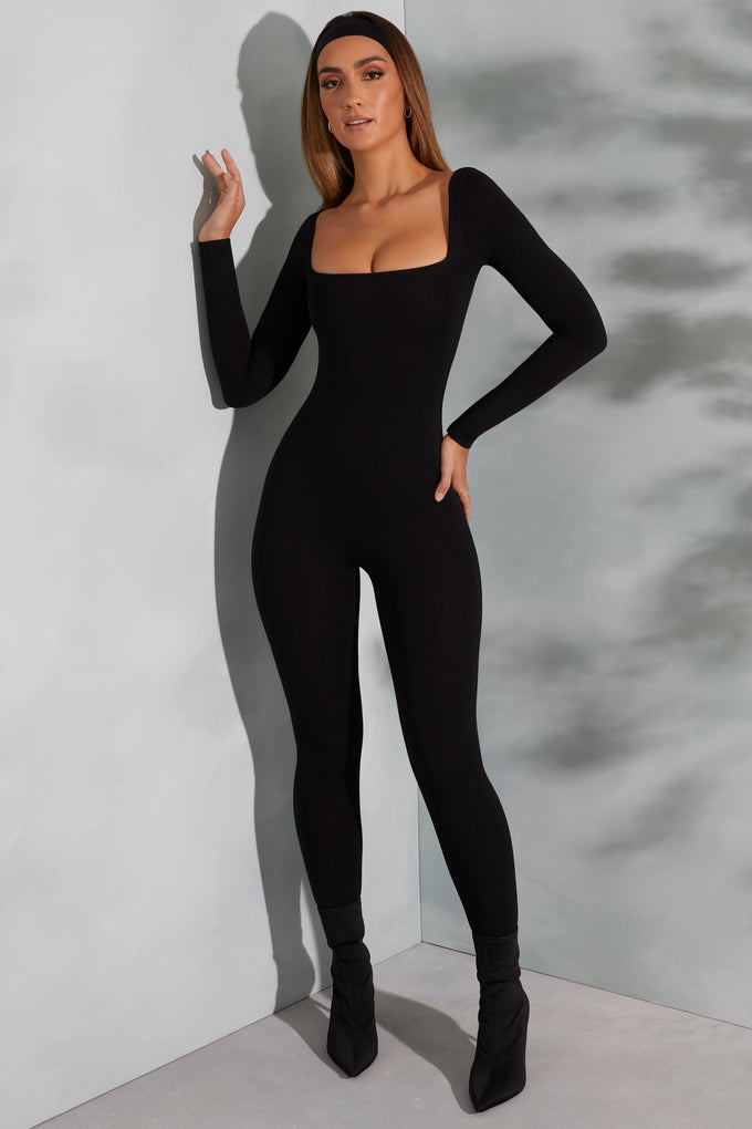 Tall Square Neck Long Sleeve Jumpsuit in Black