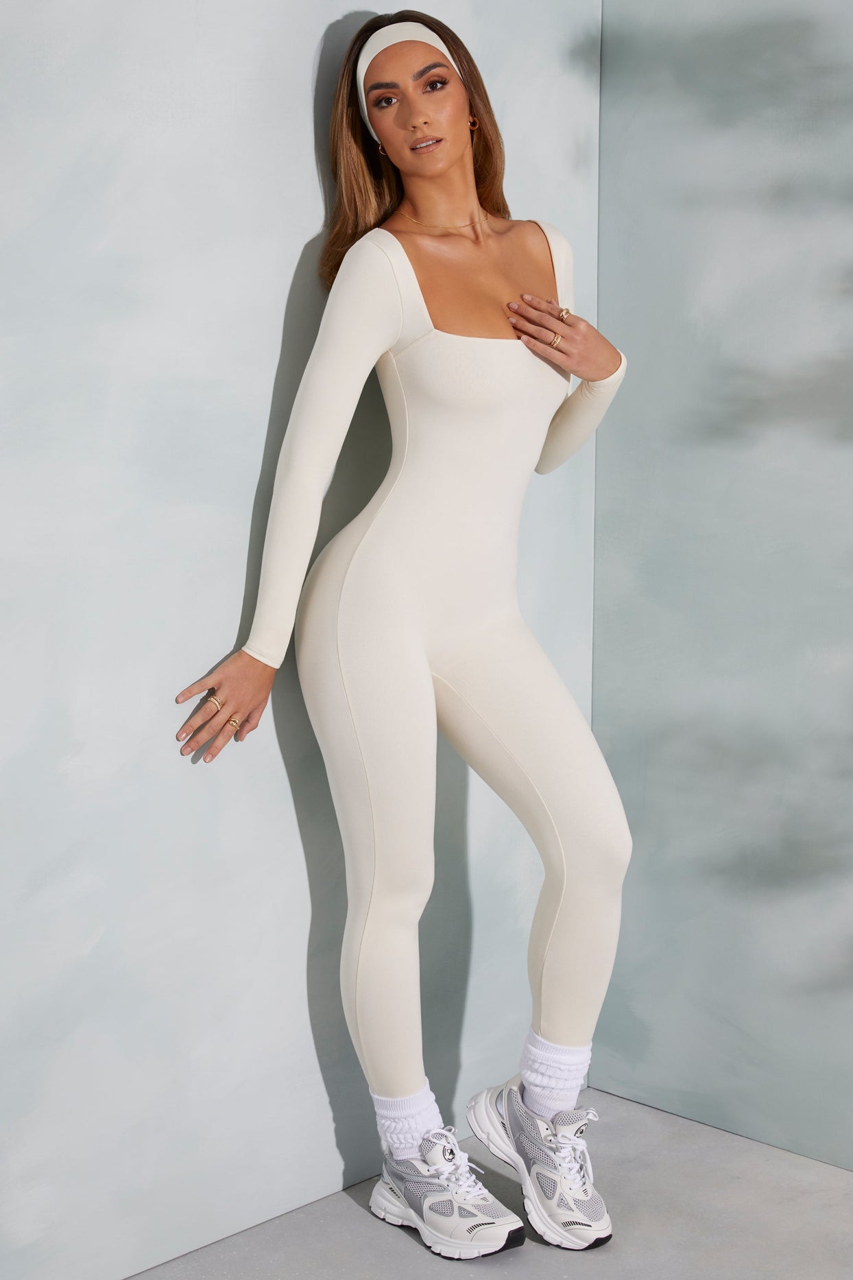 Tall Square Neck Long Sleeve Jumpsuit in Ivory