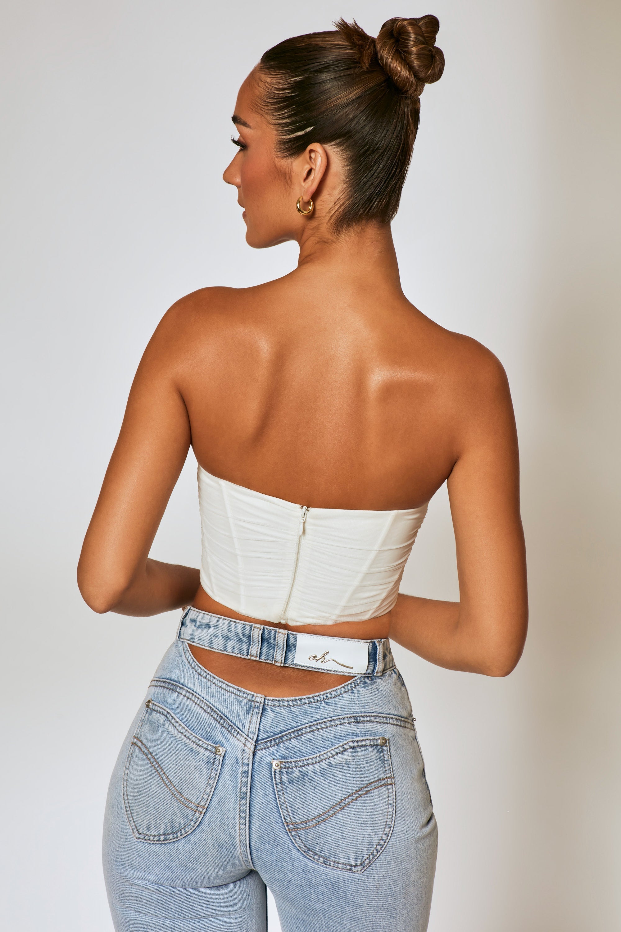 First Impression Mesh Overlay Corset Crop Top in Ivory Oh Polly