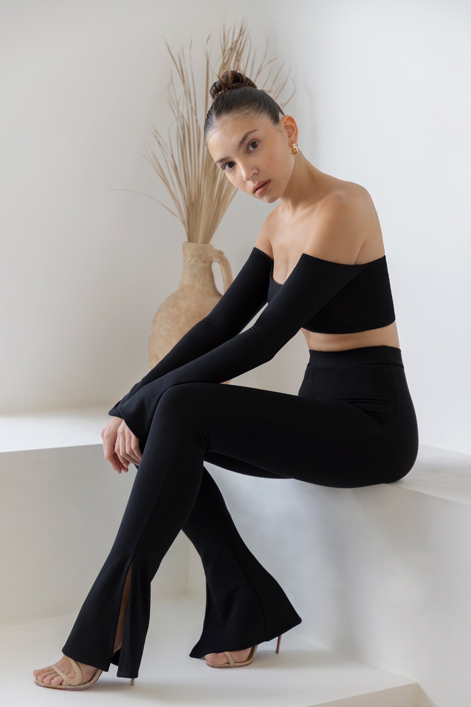 Black bardot crop top long sleeve sales