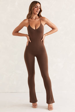 Petite Scoop Neck Backless Jumpsuit in Brown