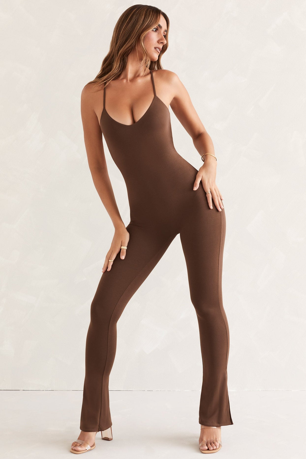 Petite Scoop Neck Backless Jumpsuit in Brown