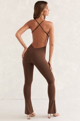 Petite Scoop Neck Backless Jumpsuit in Brown