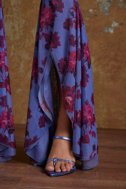Tall Split Flare Ruffle Trousers in Periwinkle Print