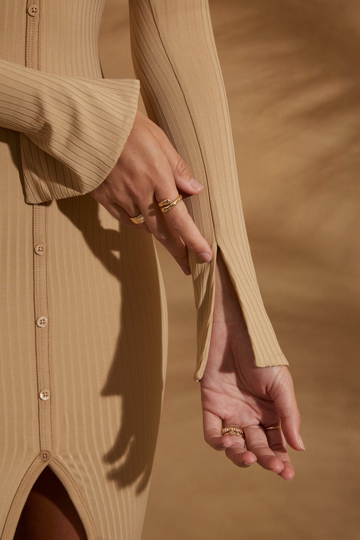 Long Sleeve Button Down Maxi Dress in Tan