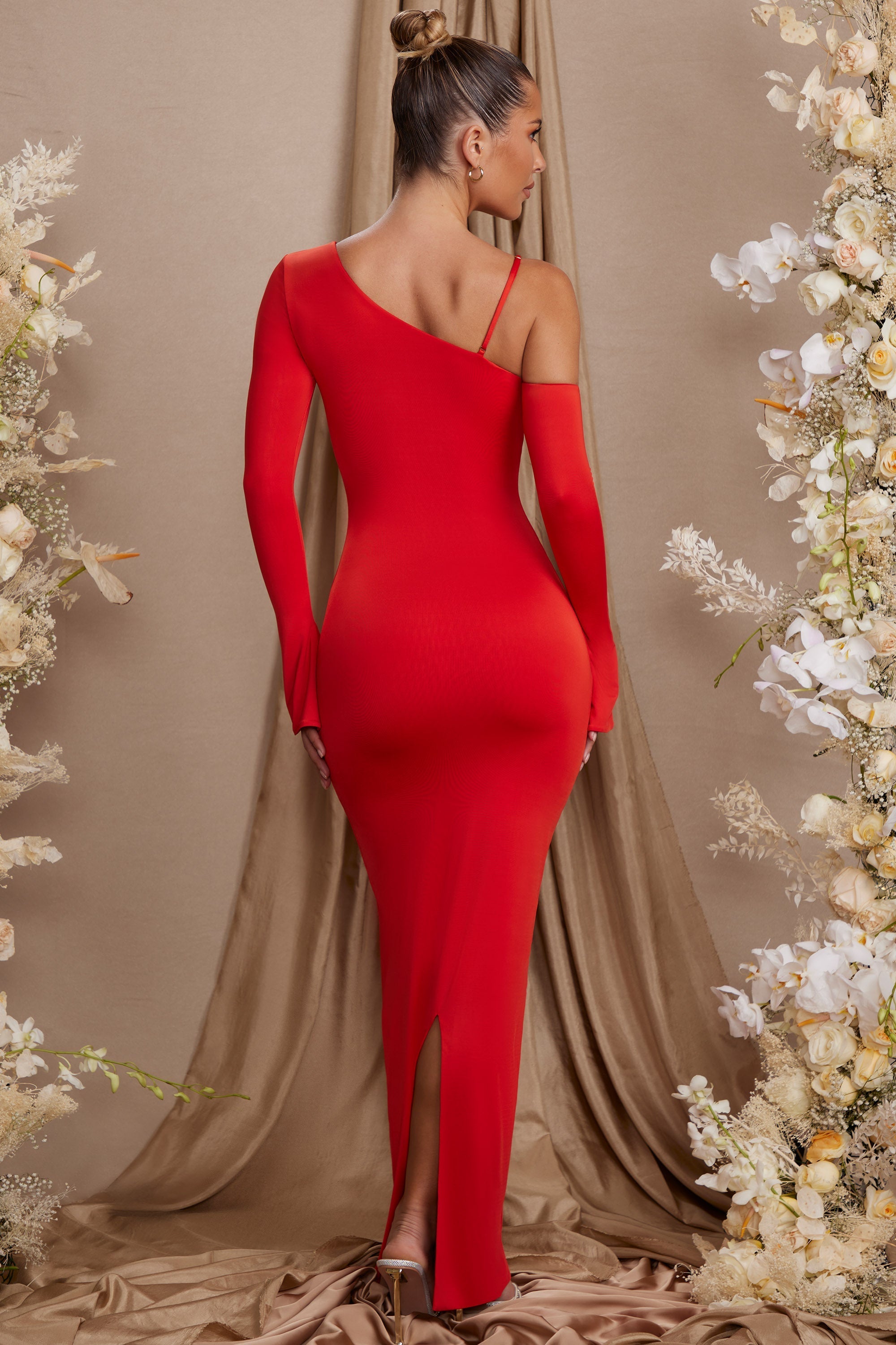 Red one shoulder store long sleeve dress