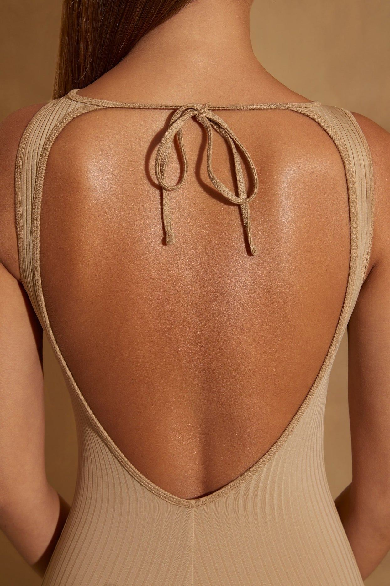 Petite Ribbed Cut Out Back Jumpsuit in Tan