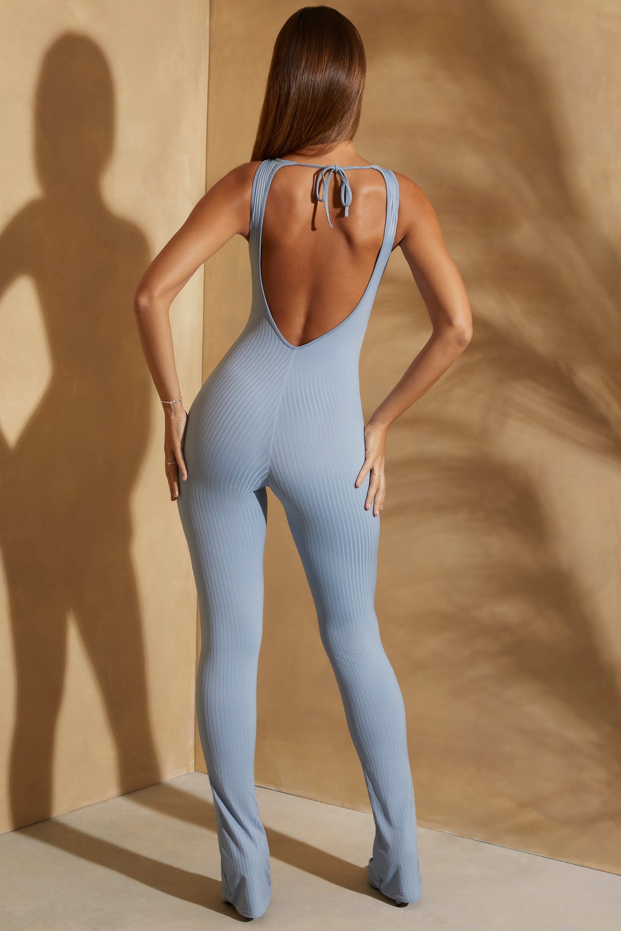 Tall Ribbed Cut Out Back Jumpsuit in Light Blue