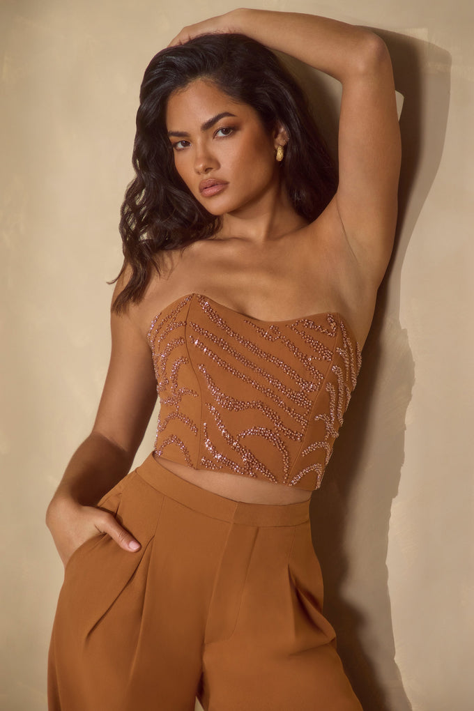 Copper Beige Lace up Pleated Corset Top With Ruched Bust Chiffon