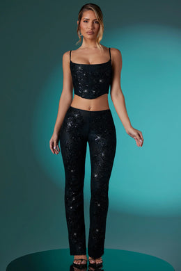 Petite Embellished Lace Low Rise Trousers in Black