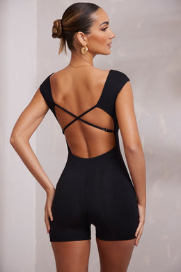 Open Back Scoop Neck Unitard in Black