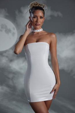 Studded Back Strap Vinyl Mini Dress in White