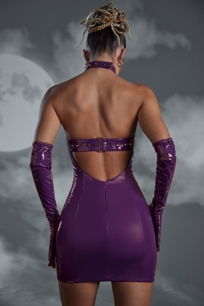 Studded Back Strap Vinyl Mini Dress in Purple