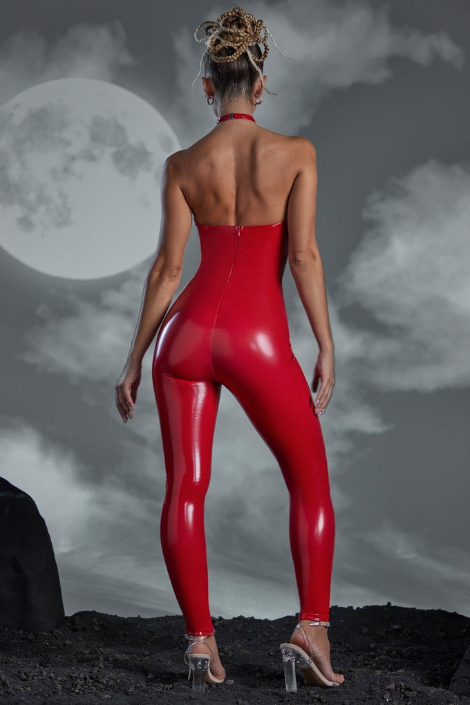 Keyhole Cut Out Vinyl Jumpsuit in Red