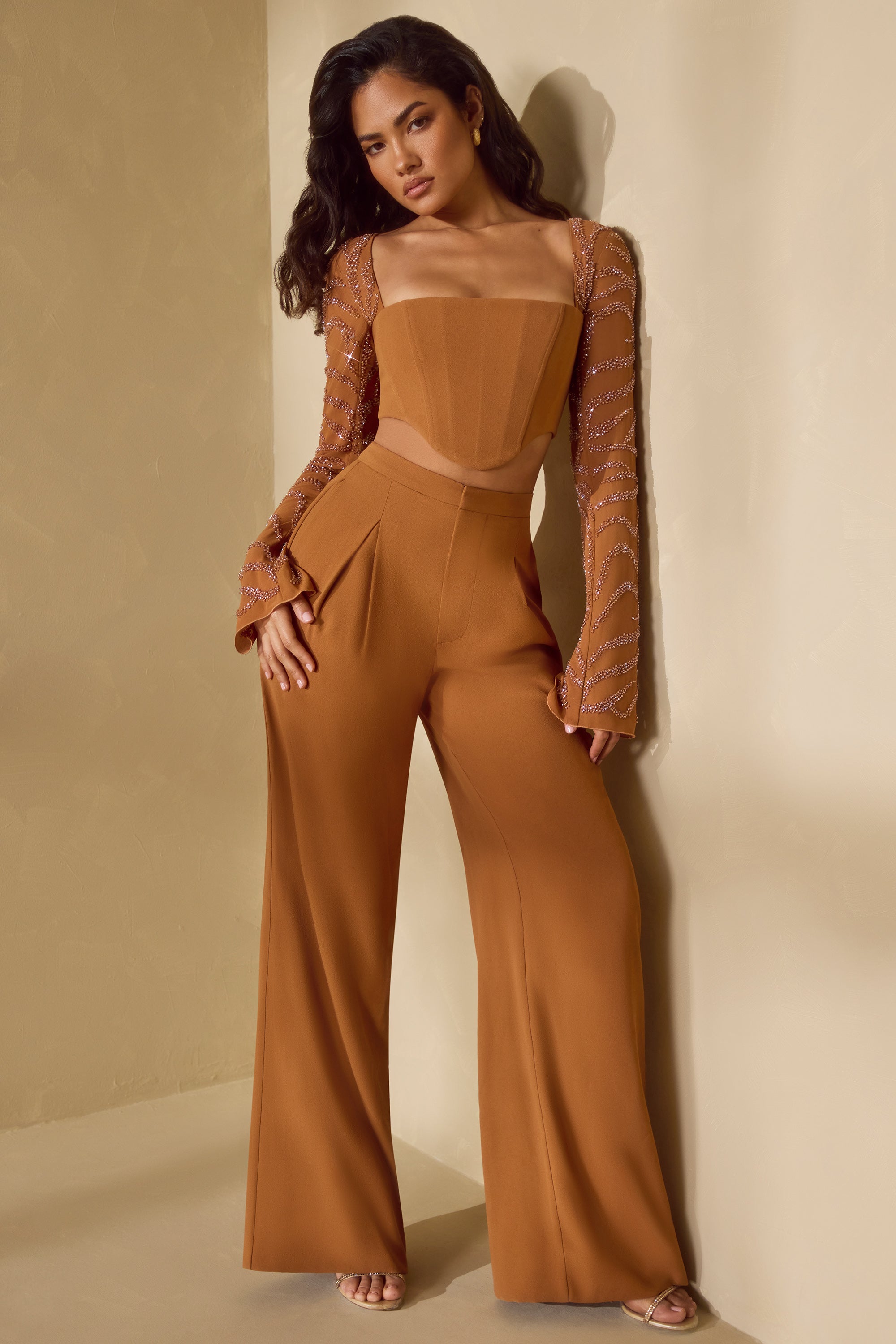 Caramel wide leg trousers cheap