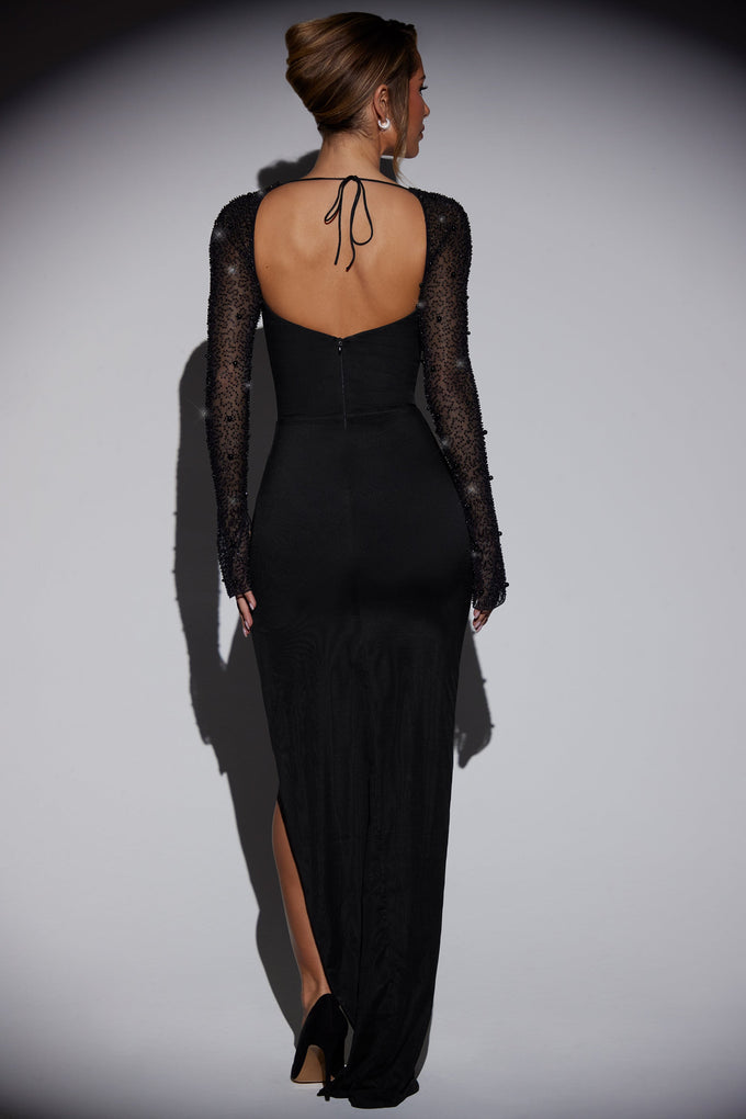 Embellished Side Split Maxi Dress in Black