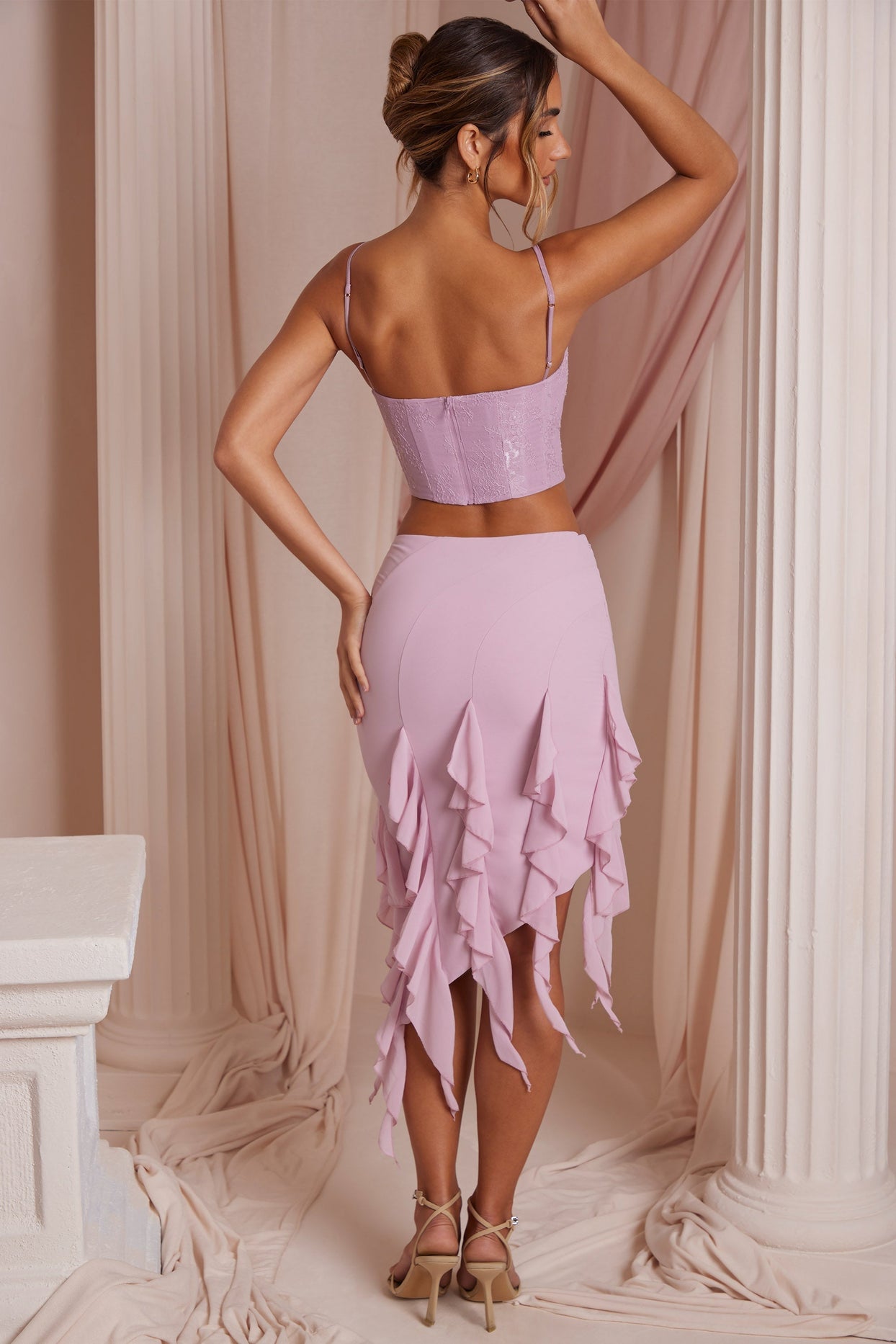 Thea Waterfall Frill Midaxi Skirt in Dusty Pink Oh Polly
