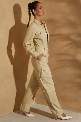 Tall Wide Leg Long Sleeve Cargo Jumpsuit in Sage